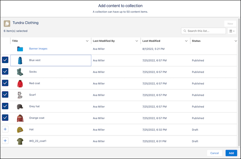 Screenshot of content picker for collections.