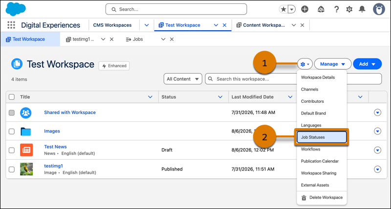 Enhanced CMS workspace settings menu with Job Statuses option selected.