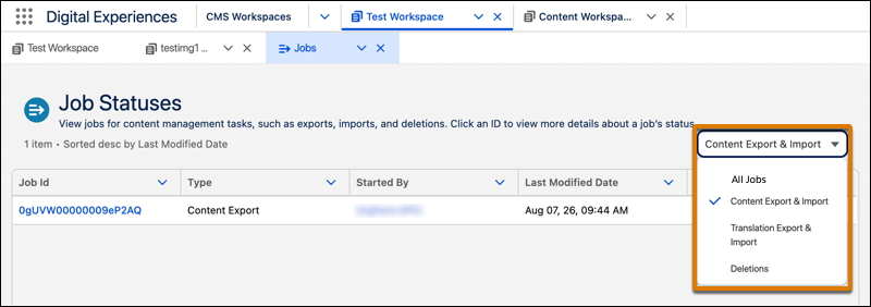 Job Statuses status page with sort options selected.
