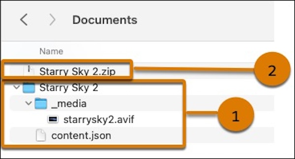 Afbeelding met de mediamap en inhouds-JSON-bestanden die in één .zip-archief zijn gezipt.