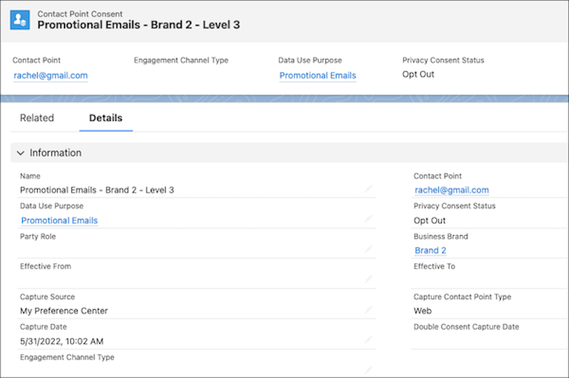 An example contact point consent record