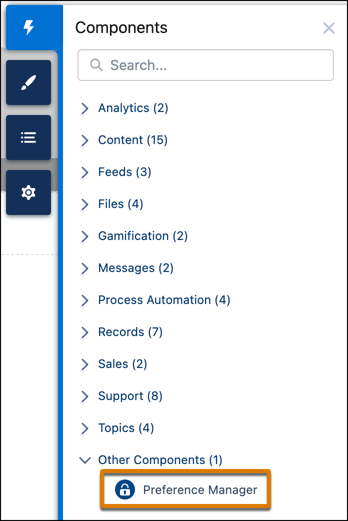 Image shows where to find the Preference Center component in Experience Builder