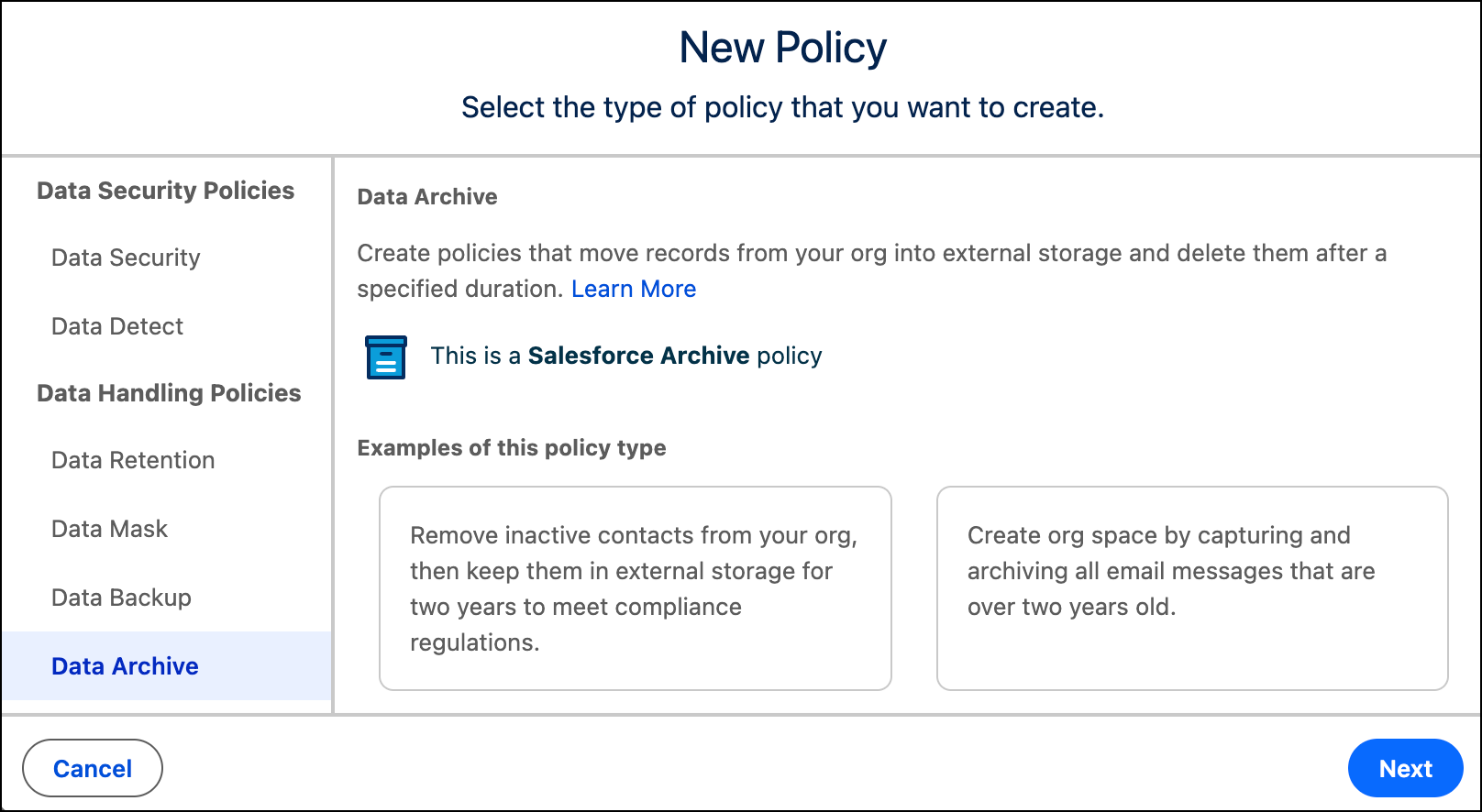 Velg policytypen Data Archive (Dataarkiv) for å fortsette.