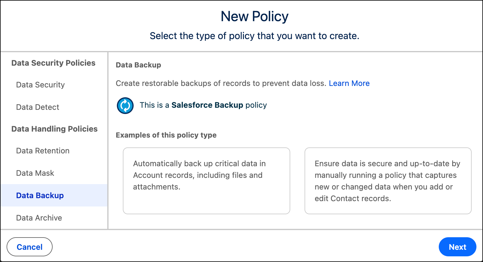 Velg policytypen Datasikkerhetskopier for å fortsette.