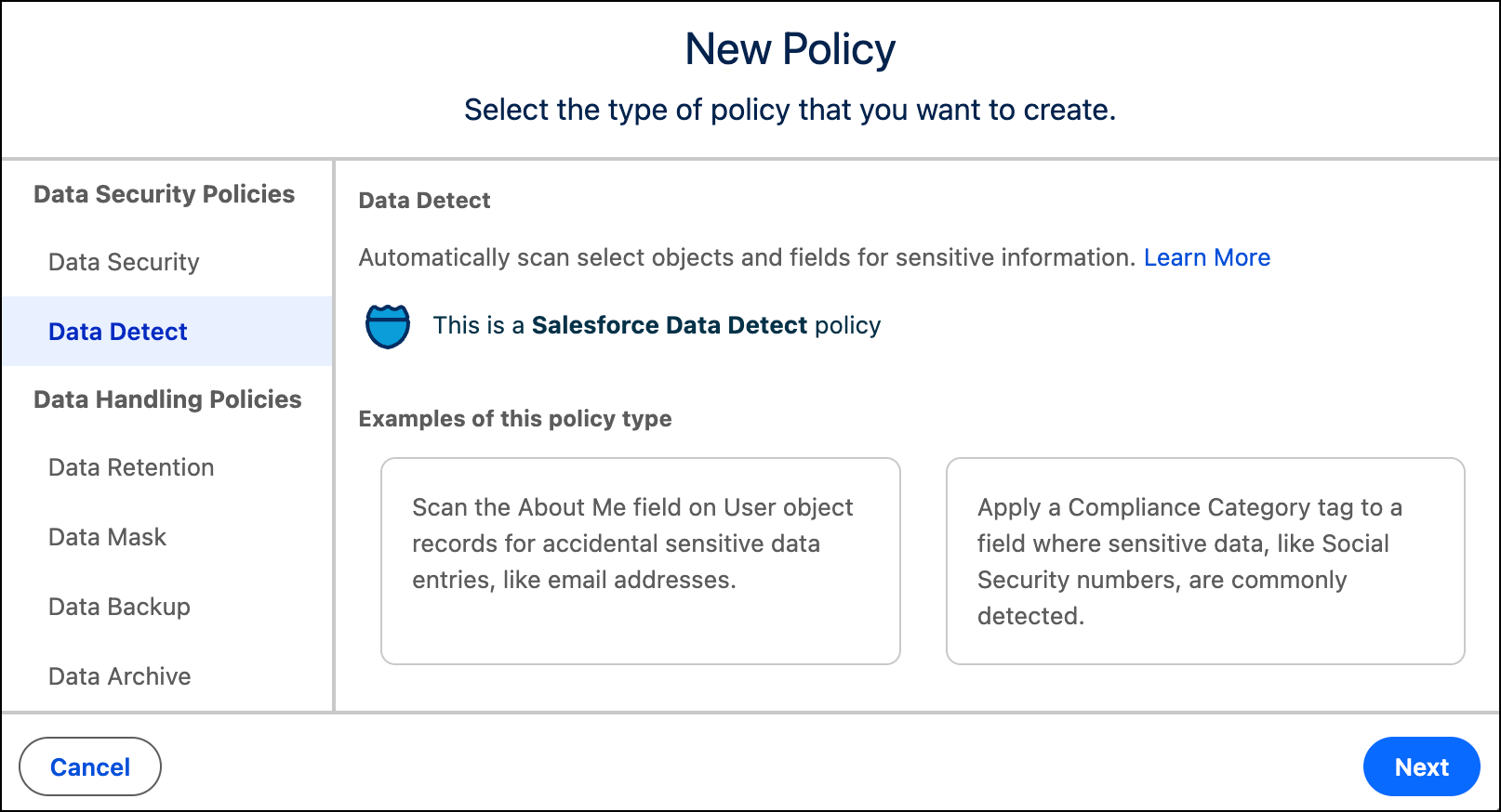 Velg policytypen Data Detect for å fortsette.