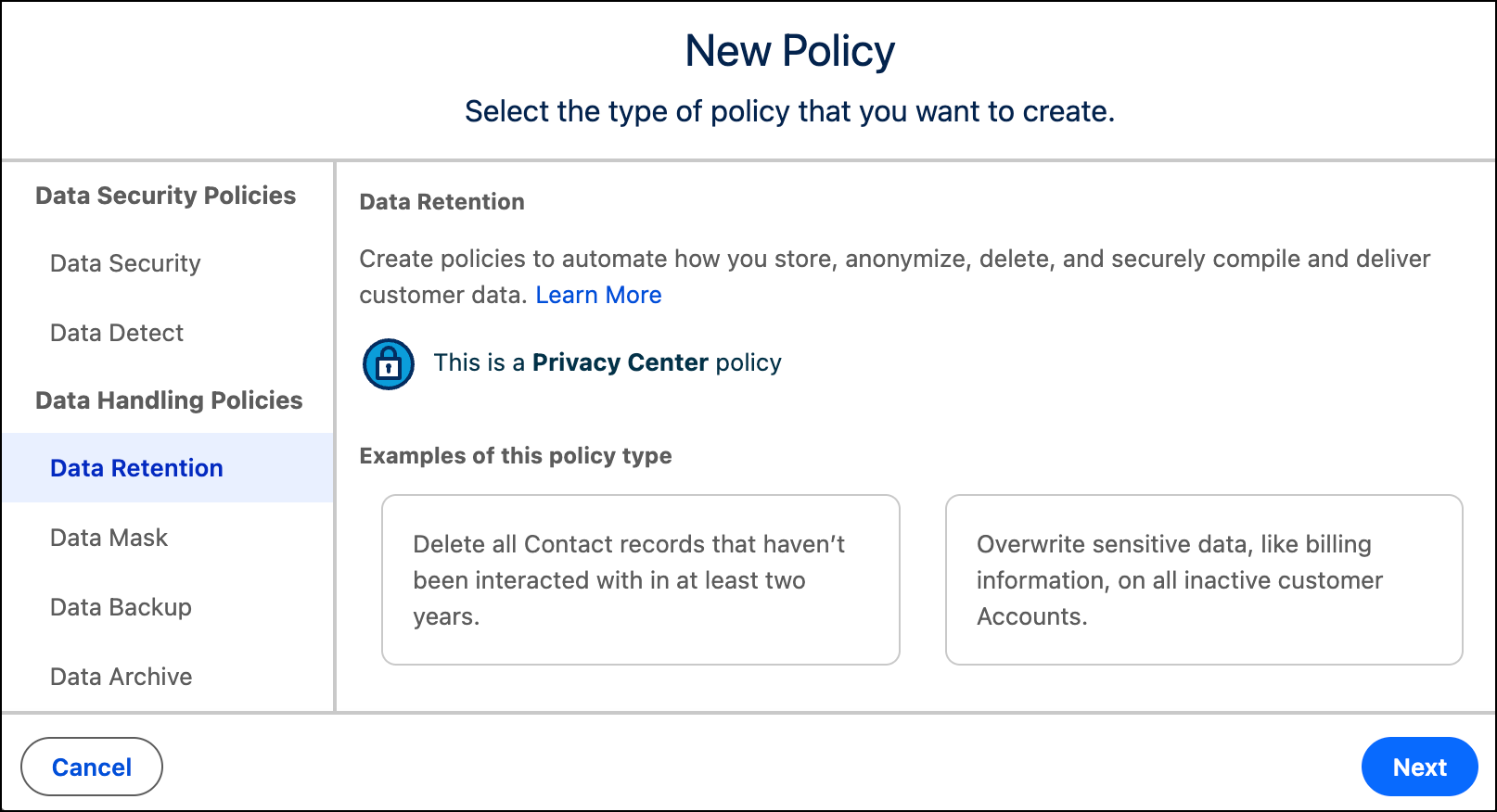 Velg policytypen Data Retention (Dataoppbevaring) for å fortsette.