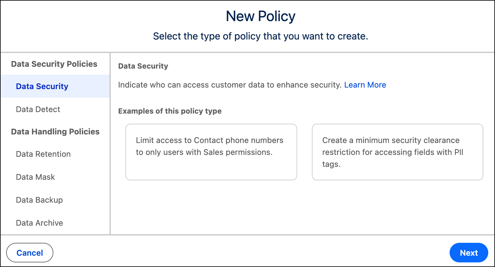 Velg policytypen Datasikkerhet for å fortsette.