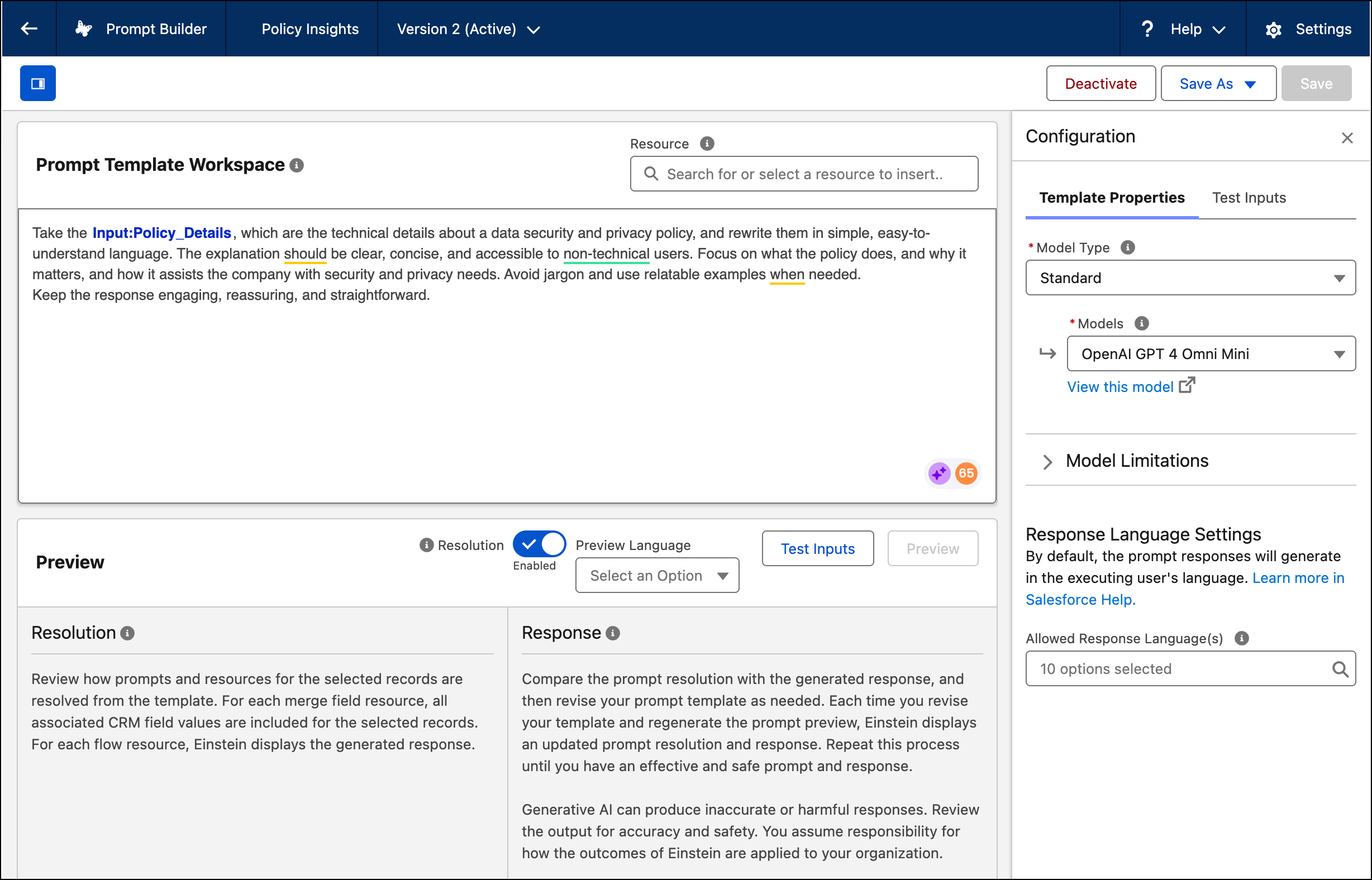 Prompt Builder workspace with Policy Insights instructions