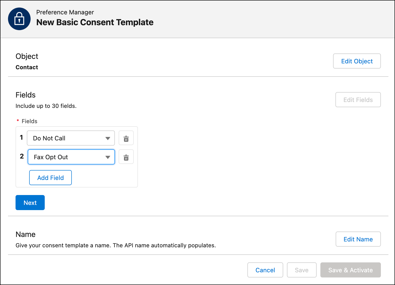 Image shows how to pick fields for template