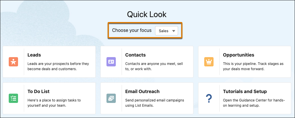 The Choose your focus selector lets users switch between Service and Sales.