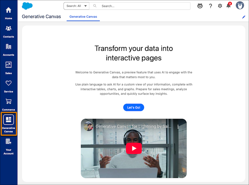 The new Generative Canvas landing page and app in the vertical navigation bar.