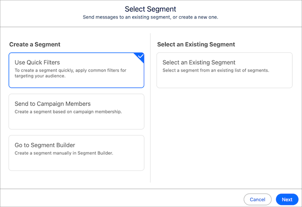 Options to create or select a segment