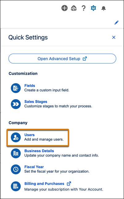 Access the user management window from the Quick Settings panel.