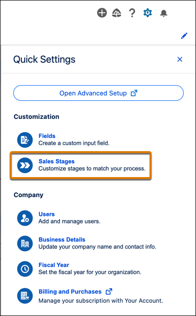 Quick Setting menu with a Customization section and Company section and a highlighted box around Sales Stages