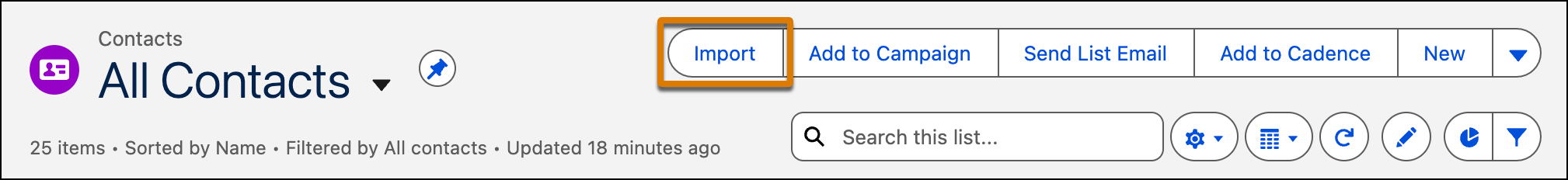 New and Import buttons on most tabs
