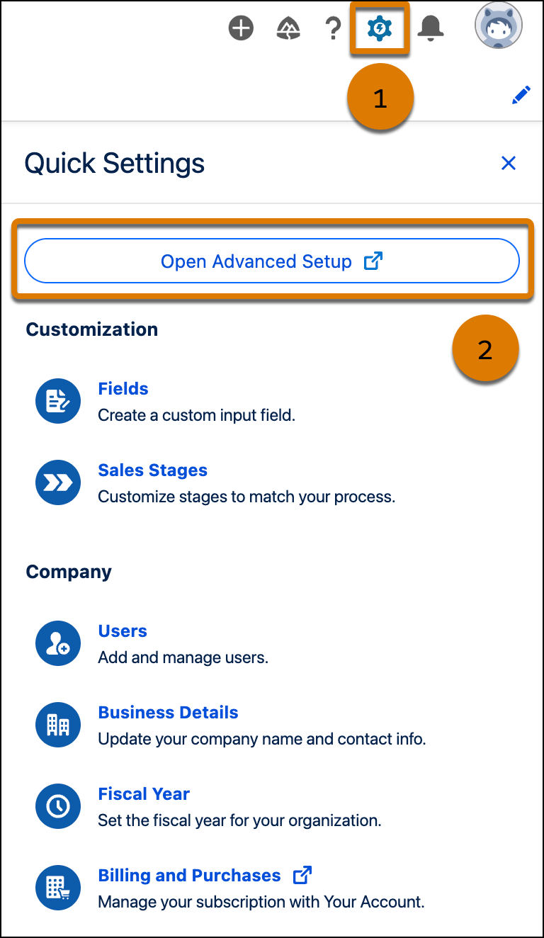 Quick Settings panel with the option to access more set up tasks in Advanced Setup.