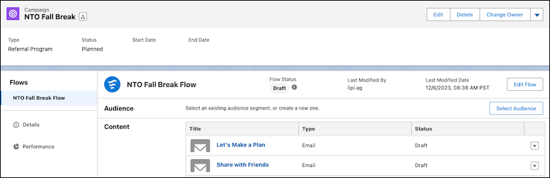 Campaign layout shows Flows sidebar and two emails in the Content pane.