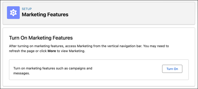 Setup Marketing Features page, which includes the Turn On button