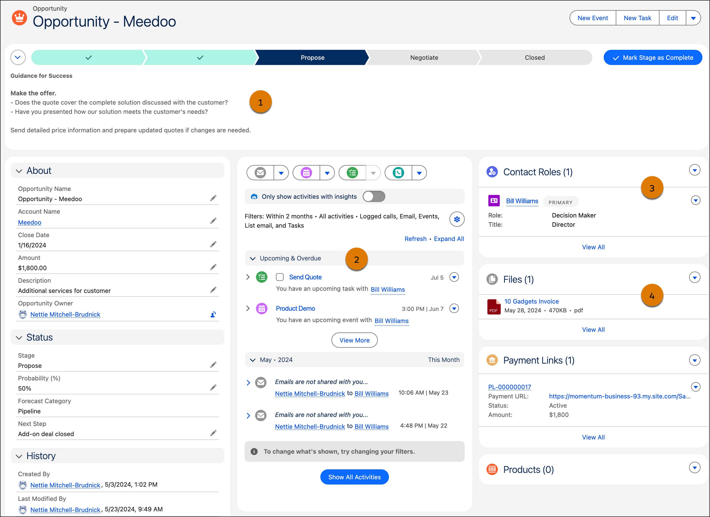 Opportunity record showing sales stages, communication history, assigned contacts, and related files