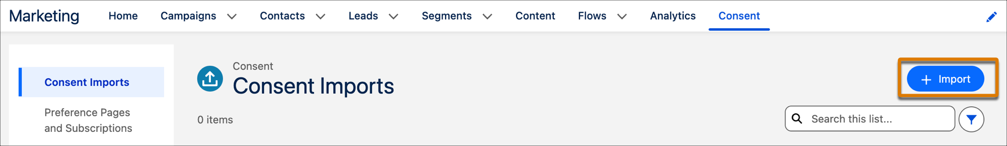 Consent tab with Import button highlighted.