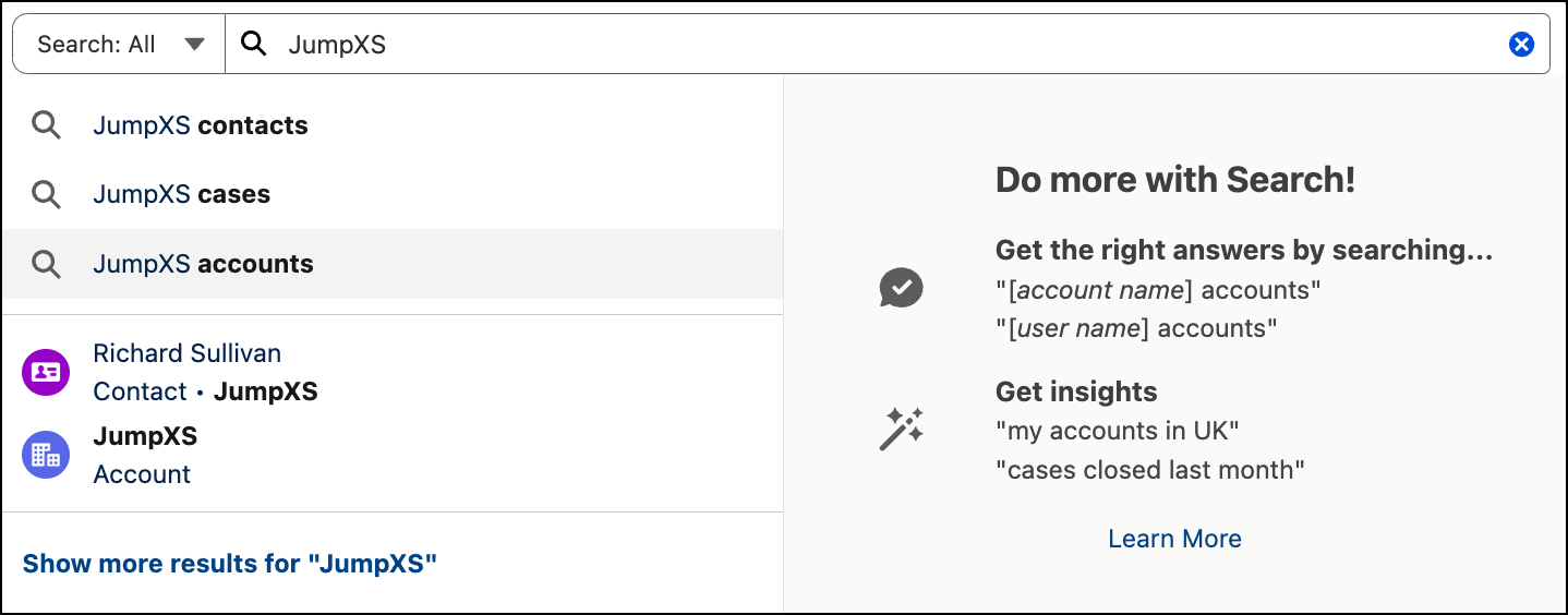 Search bar with results for account