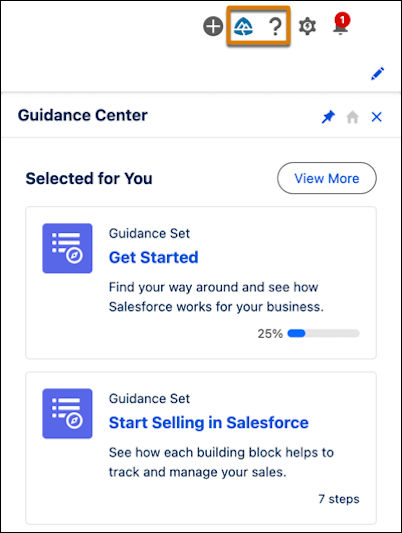Find the Guidance Center ? icon in the global header. Panel lists help and tutorials.