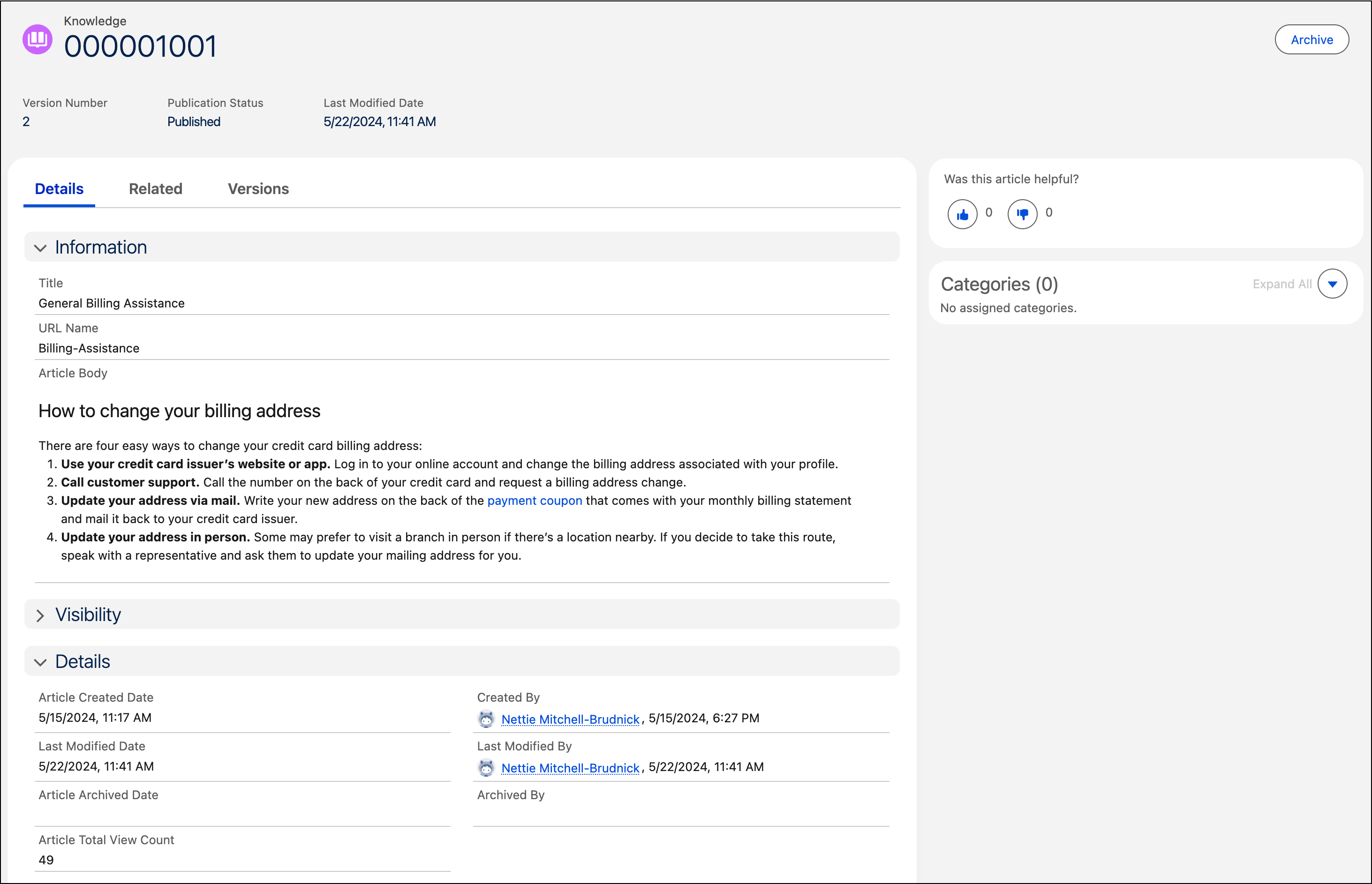 Knowledge article record showing Details, Related, Version tabs and Was this article helpful information.