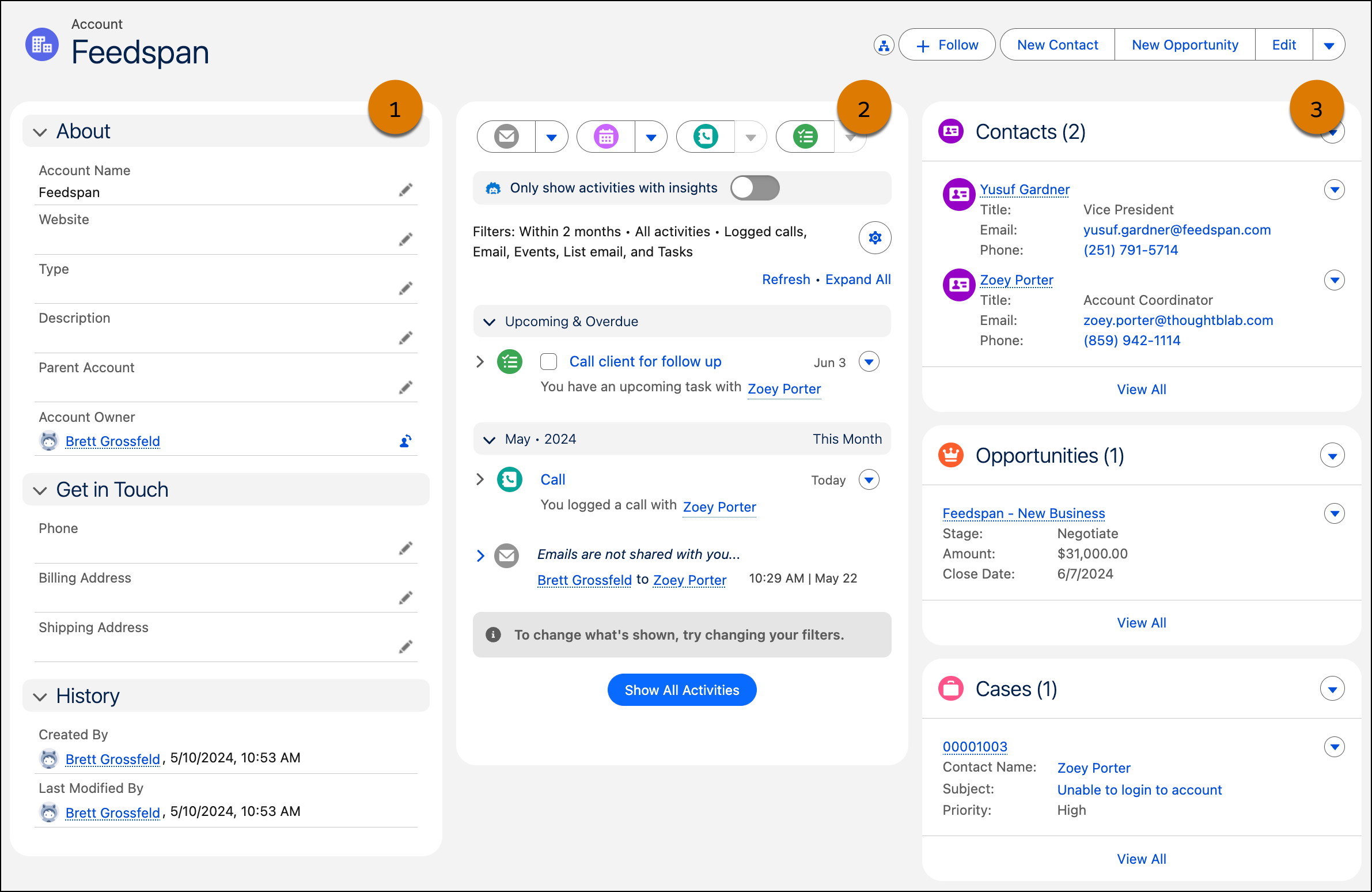 Account record showing details, common actions, and related information in three columns.
