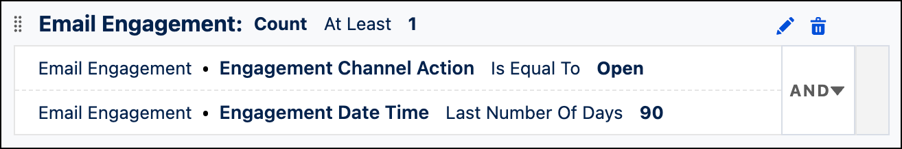Segment criteria showing Email Engagement fields.