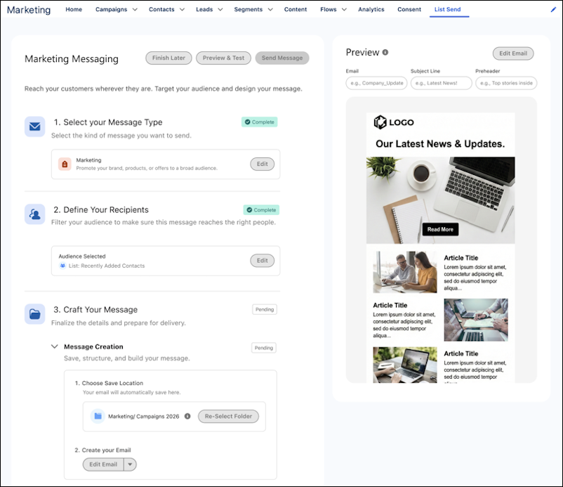 List Sends message setup showing the message type, recipients, and message creation steps next to an email preview.