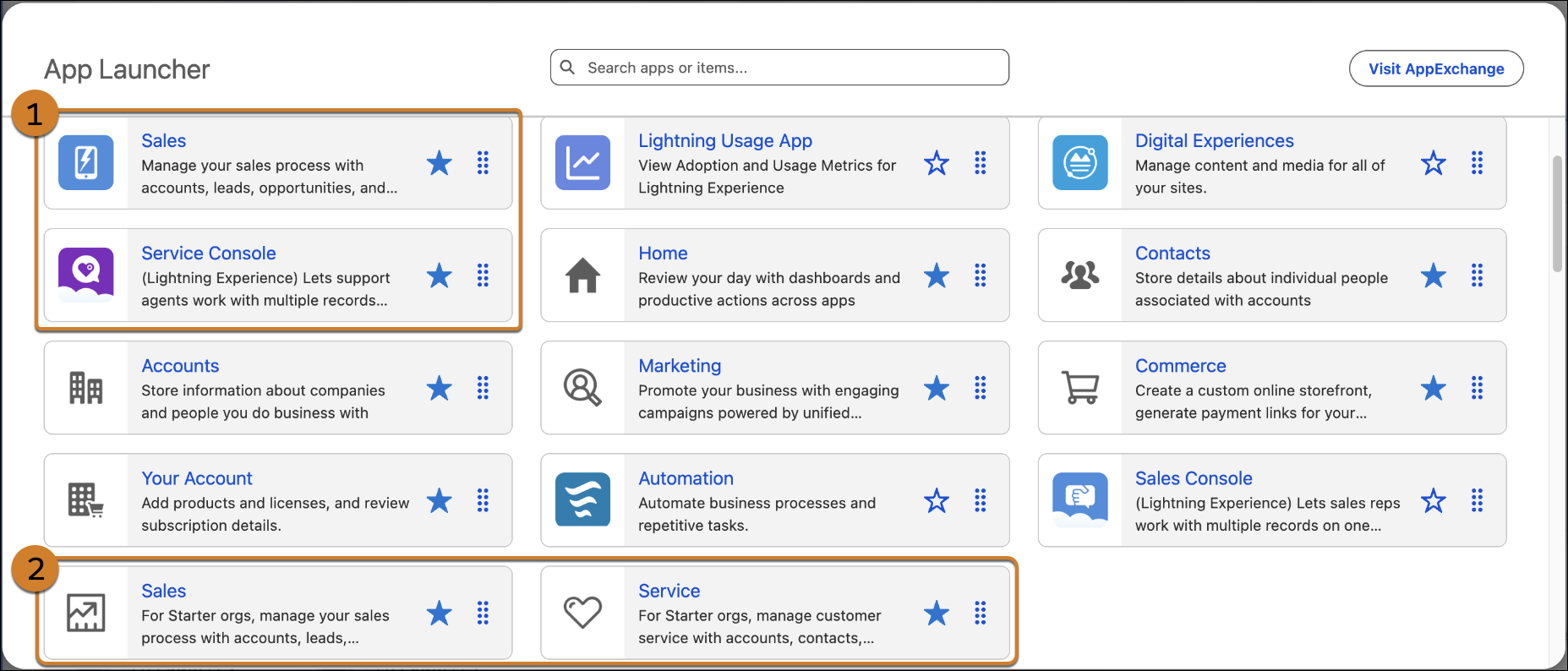 App Launcher view of Essentials and Pro Suite Sales and Service apps
