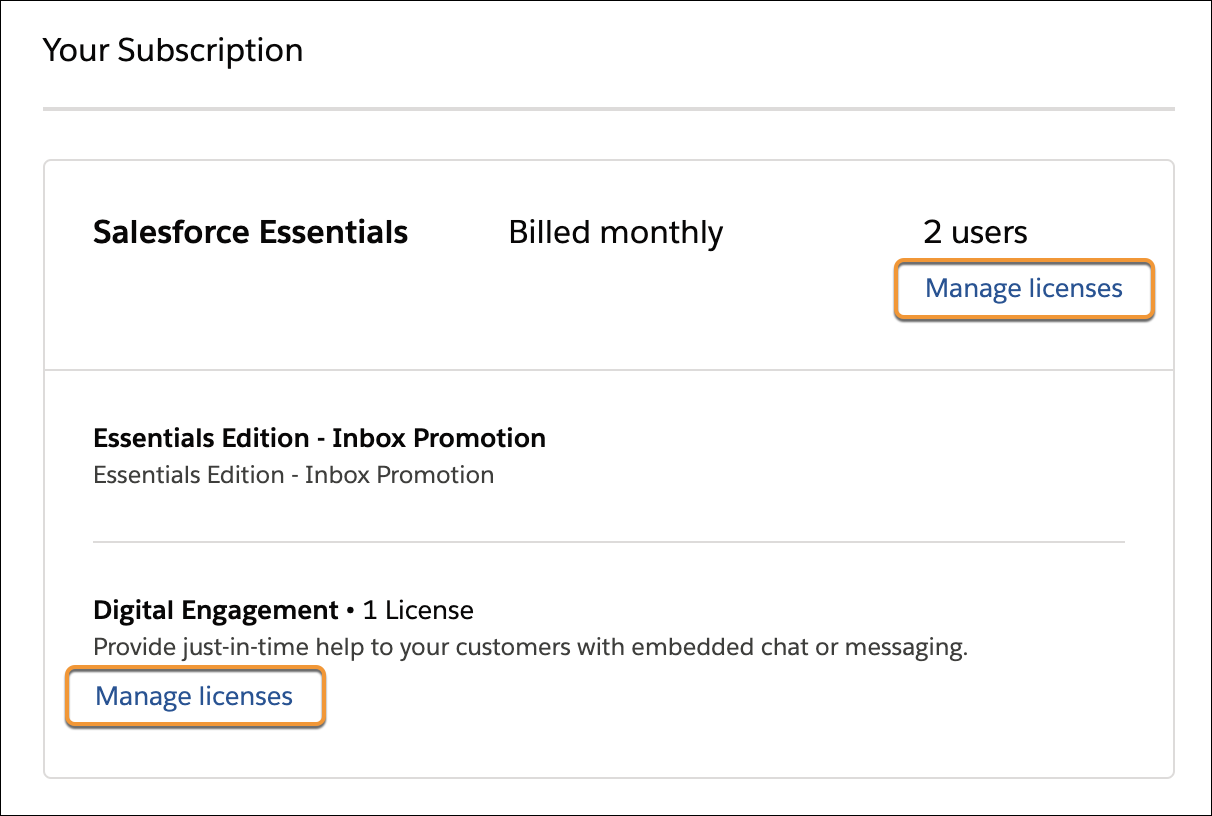 Bilde av lenke for behandling av lisenser nedenfor antall brukere. Nedenfor denne har du tilleggene Essentials Edition - Inbox-promotering og Digitalt engasjement med et alternativ for å behandle lisenser under Digitalt engasjement.