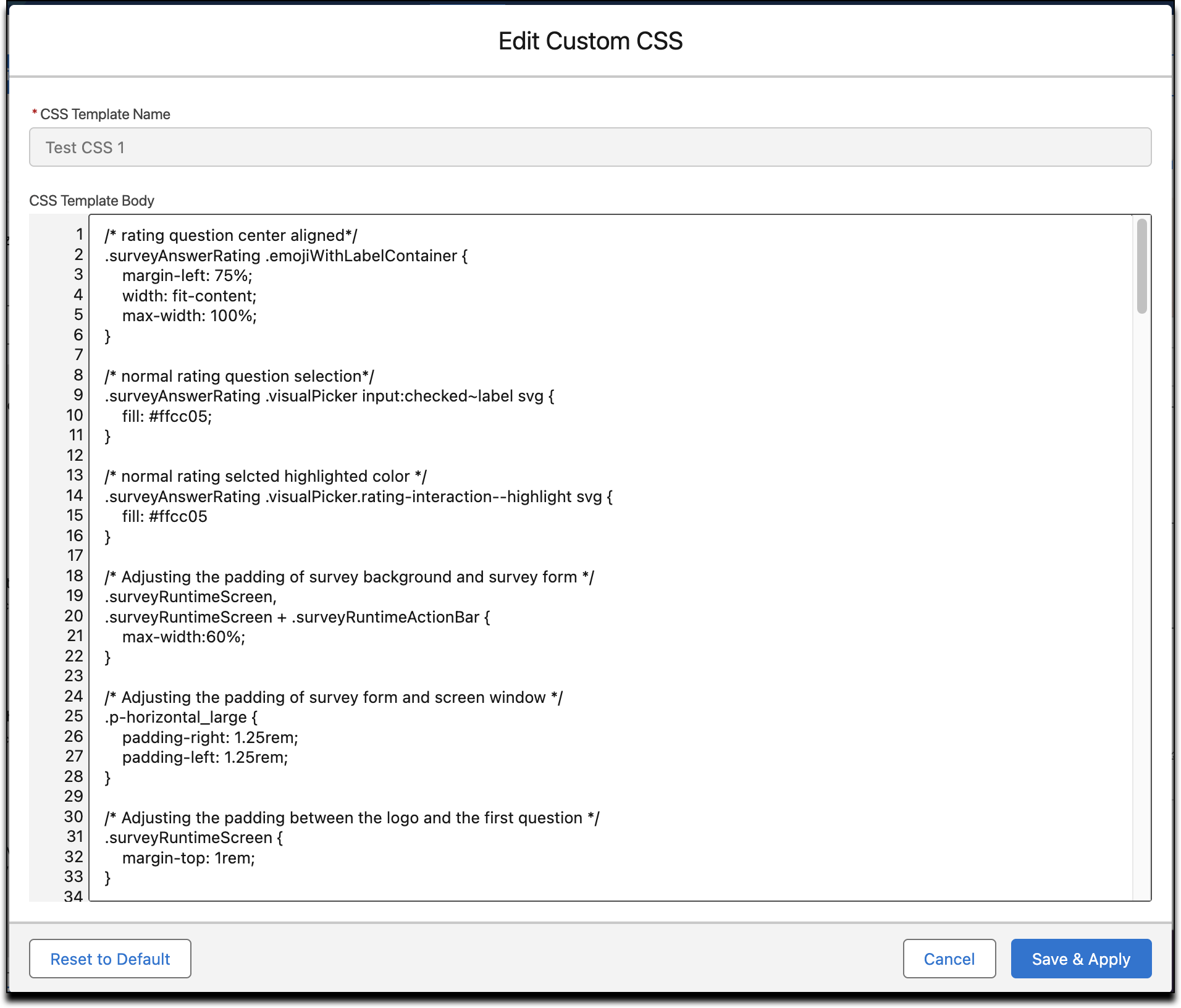 The Edit Custom CSS window.