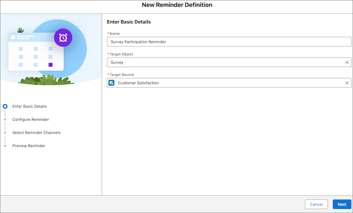 The basic details page of a new reminder definition record