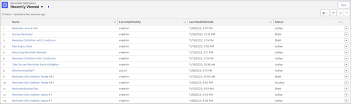 A list view of recently viewed reminder definition records.