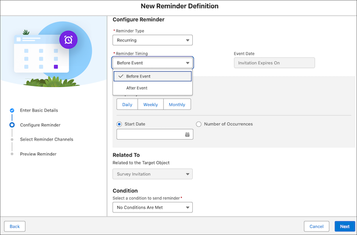 A reminder definition configuration window displaying the before event and after event options