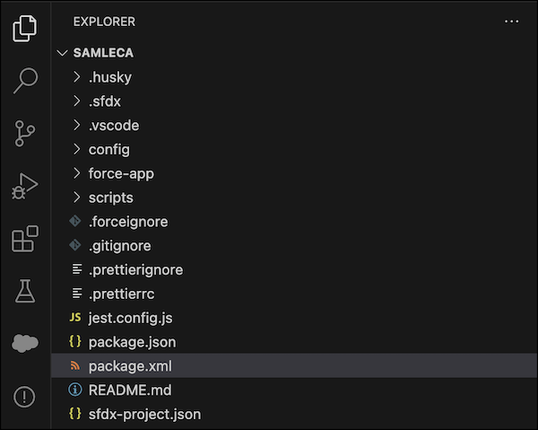 Visual Studio Code file explorer showing the location for the package.xml file in the project directory