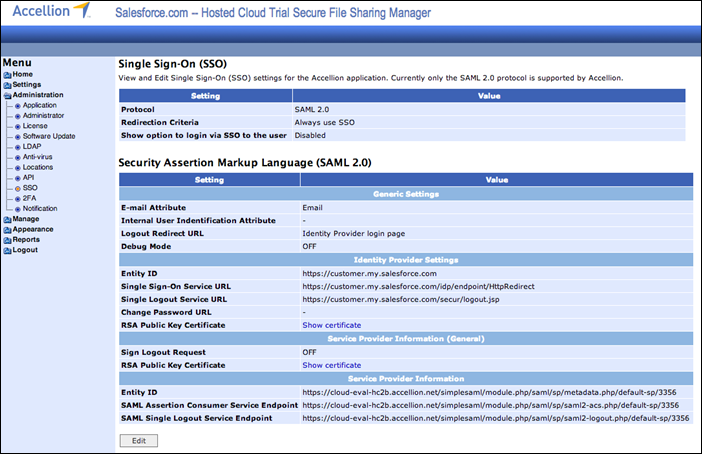 Accellion SAML settings