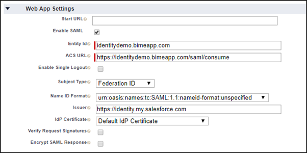 web app settings for the connected app