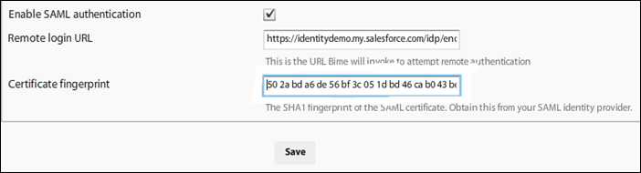 SAML settings in BIME