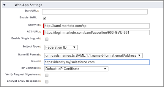 web app settings for the connected app