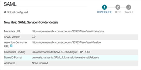 SAML service provder settings for New Relic