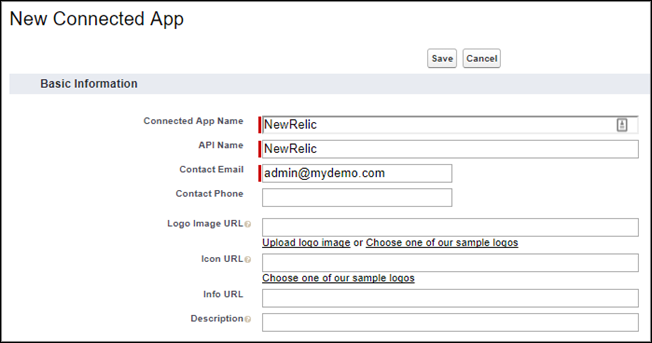 basic settings for the connected app