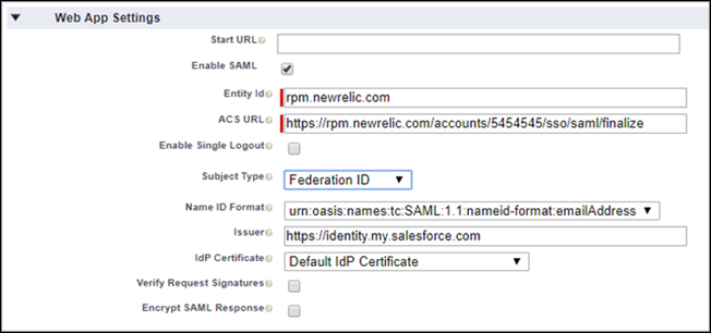 web app settings for the connected app
