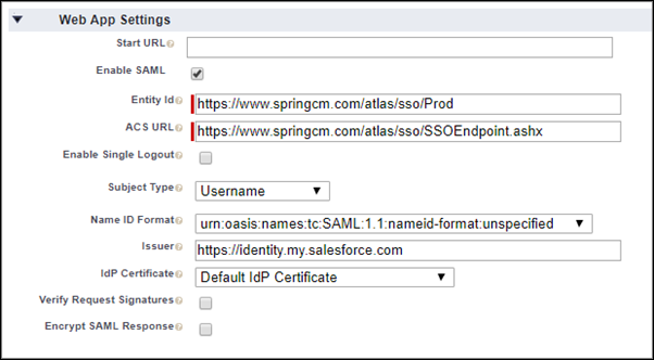 web app settings for the connected app