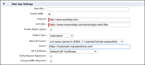 web app settings for the connected app