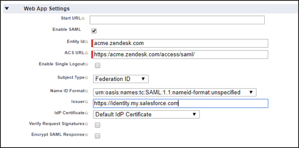 web app settings for the connected app