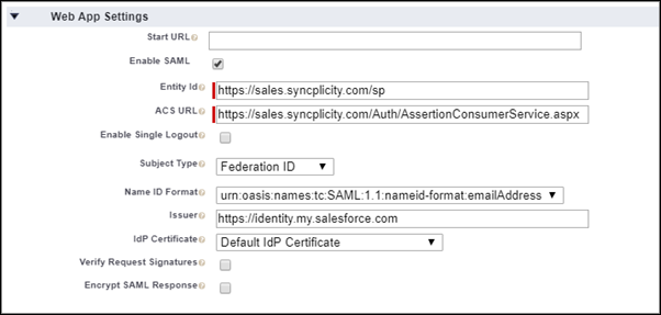 web app settings for the connected app