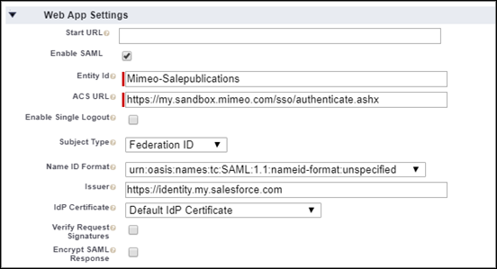 configurações de aplicativo da Web para o aplicativo conectado