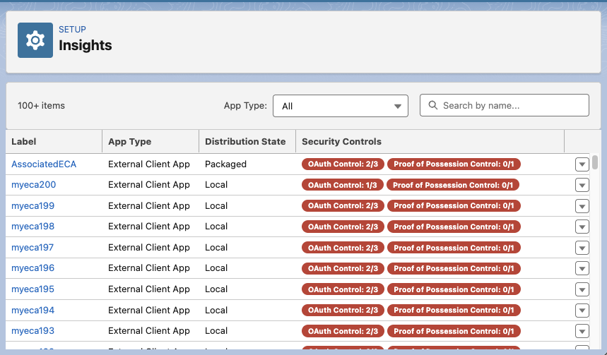 The App Insights page shows security status for a list of external client apps and connected apps.